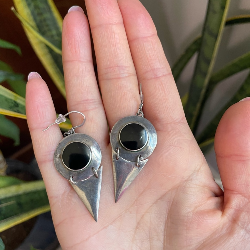 Sterling Silver Black Onyx Point Drop Earrings